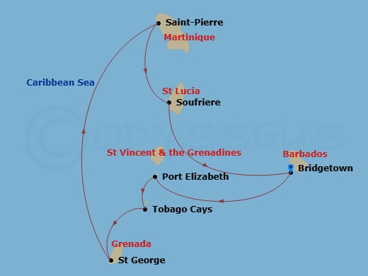 8 Night - Relax the Caribbean Way - Sea Cloud II - Starting in Bridgetown, Port Elizabeth VC / Bequia, Tobago Cays, St Vincent and the Grenadines, St Georges, Saint-Pierre, Soufriere, Bridgetown itinerary map