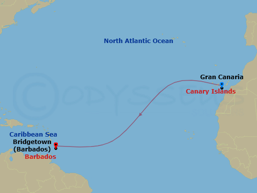 18 Night - Transatlantic from Gran Canaria to Bridgetown - Sea Cloud II - Starting in Las Palmas / Gran Canaria, Bridgetown itinerary map