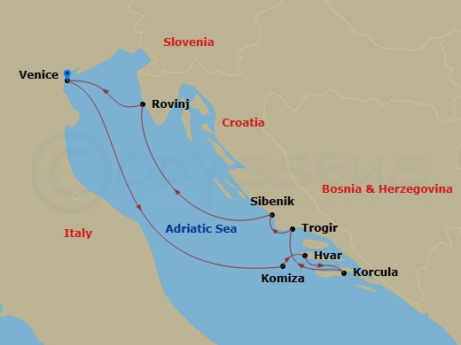9 Night - On the Trail of the Old Venetians - Sea Cloud II - Starting in Venice, Komiza / Vis Island, Hvar, Korcula, Trogir, Sibenik, Rovinj, Venice itinerary map