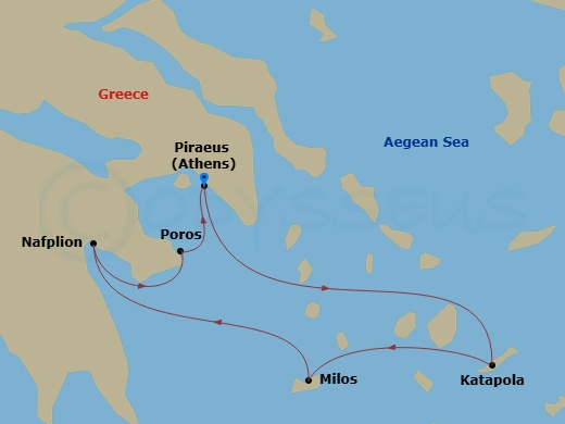 8 Night - Summer Breeze Through the Aegean - Sea Cloud II - Starting in Piraeus, Amorgos / Cyclades, Milos / Cyclades, Nafplion / Peloponnese, Poros, Piraeus itinerary map