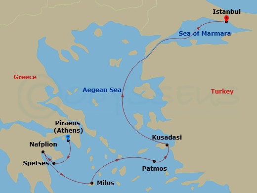 8 Night - Sailing Paradise Since Homer's Time - Sea Cloud II - Starting in Piraeus, Spetses / Saronic Islands, Nafplion / Peloponnese, Milos / Cyclades, Patmos / Dodecanese, Kusadasi, Istanbul itinerary map