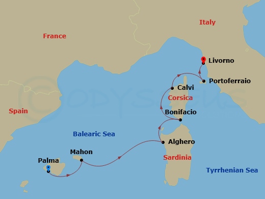 9 Night - The Most Beautiful Spring Moments - Sea Cloud II - Starting in Palma De Mallorca, Mahon / Menorca, Alghero / Sardinia, Bonifacio / Corsica, Calvi / Corsica, Portoferraio / Elba, Livorno itinerary map