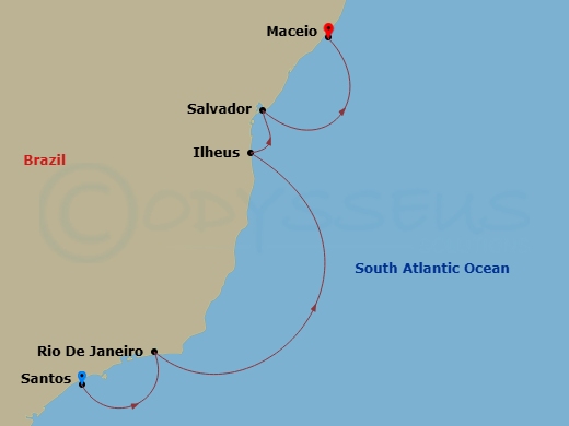MSC Preziosa - 5 Night - Msc Grand Voyages - MSC Preziosa - Starting in Santos (Sao Paulo), Brazil, Rio De Janeiro, Brazil, Ilheus, Brazil, Salvador, Brazil, Maceio, Brazil itinerary map