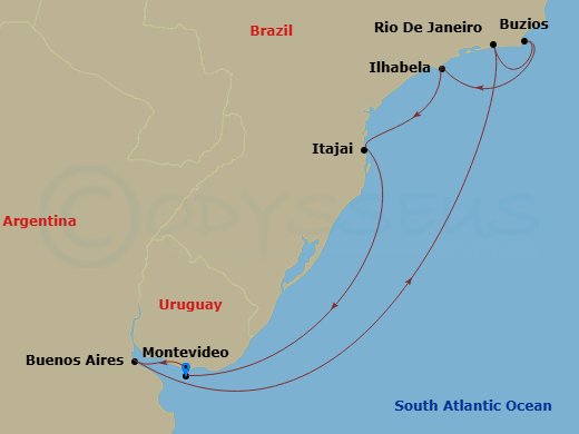 MSC Fantasia - 9 Night - South America - MSC Fantasia - Starting in Montevideo, Uruguay, Buenos Aires, Argentina, Rio De Janeiro, Brazil, Buzios, Brazil, Ilhabela, Brazil, I.. itinerary map