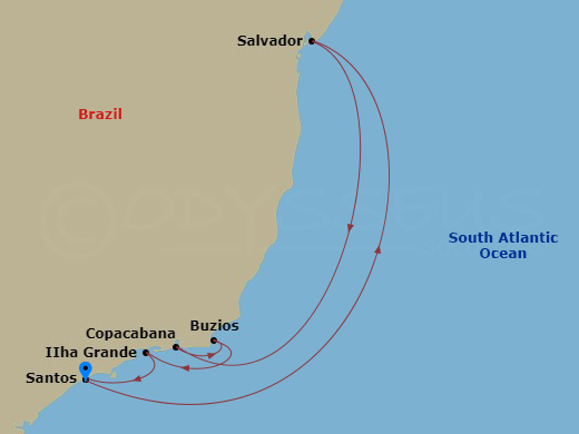 MSC Seaview - 8 Night - South America - MSC Seaview - Starting in Santos (Sao Paulo), Brazil, Salvador, Brazil, Copacabana (Rio de Janeiro), Brazil, Buzios, Brazil, Ilha Gr.. itinerary map