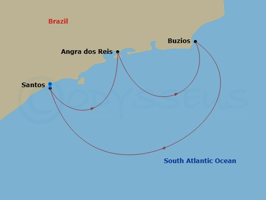 MSC Preziosa - 3 Night - South America - MSC Preziosa - Starting in Santos (Sao Paulo), Brazil, Angra Dos Reis, Brazil, Buzios, Brazil, Santos (Sao Paulo), Brazil itinerary map
