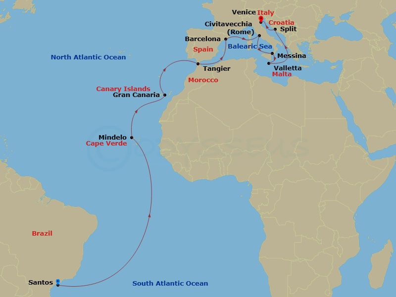 21 Night - Ssz - MSC Armonia - Starting in Santos (Sao Paulo), Brazil, Mindelo, Cape Verde, Las Palmas de Gran Canaria (Canary Islands), Spain, Tangier (Tetouan), Morocco, Barcelona, Spain, Civitavecchia (Rome), Italy, Messina (Taormina), Italy, La Valletta, Malta, Split, Croatia, Venice / Marghera, Italy itinerary map