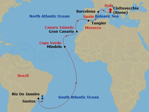 MSC Armonia - 17 Night - Msc Grand Voyages - MSC Armonia - Starting in Rio De Janeiro, Brazil, Santos (Sao Paulo), Brazil, Mindelo, Cape Verde, Las Palmas de Gran Canaria (.. itinerary map