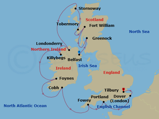 14 Night - British Isles & Ireland - Viking Vela - Starting in Belfast, Glasgow (Greenock), Fort William, Tobermory, Lewis and Harris (Stornoway), Scotland, Londonderry, Killybegs, Foynes (Limerick), Cobh (Cork), Fowey, Portland UK, Dover UK, London (Tilbury) itinerary map