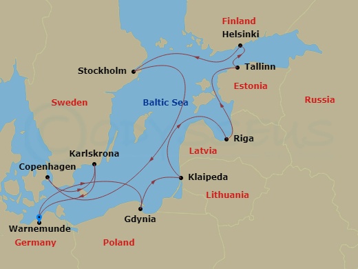 MSC Magnifica - 11 Night - Northern Europe - MSC Magnifica - Starting in Warnemunde (Berlin), Germany, Gdynia (Gdansk), Poland, Klaipeda, Lithuania, Riga, Latvia, Tallinn, Es.. itinerary map