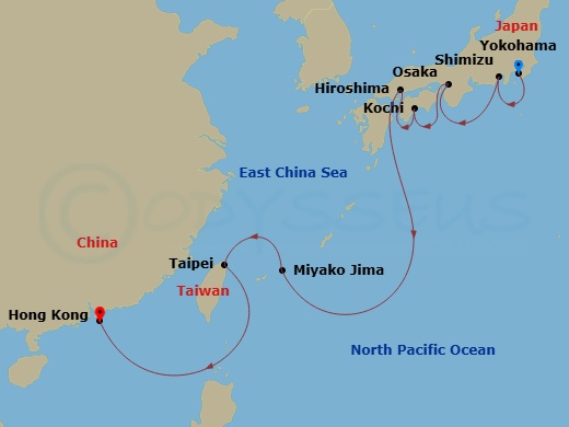 NCL Norwegian Jade Cruise Tours - 12 Night - Tokyo Pre Cruisetour - NCL Norwegian Jade Cruise Tours - Starting in At Hotel, Tokyo (Yokohama), Japan, Mount Fuji / Shimizu, Japan, Kyoto / Osaka,.. itinerary map