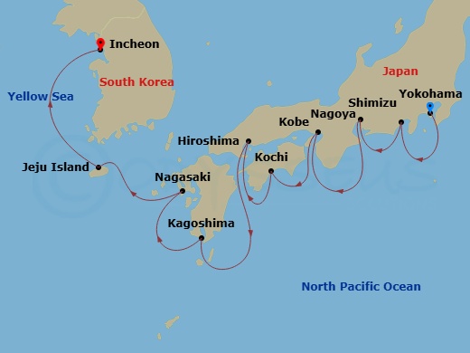 NCL Norwegian Jade Cruise Tours - 12 Night - Tokyo Pre Cruisetour - NCL Norwegian Jade Cruise Tours - Starting in At Hotel, Tokyo (Yokohama), Japan, Mount Fuji / Shimizu, Japan, Nagoya, Japan,.. itinerary map