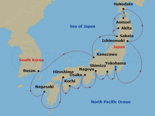 NCL Norwegian Jade Cruise Tours - 17 Night - Tokyo Pre Cruisetour - NCL Norwegian Jade Cruise Tours - Starting in At Hotel, Tokyo, Japan, Sendai (Ishinomaki), Japan, Hakodate, Japan, Aomori, J.. itinerary map