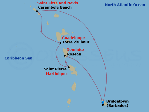 7 Night - Caribbean Gems - Seabourn Ovation - Starting in Bridgetown, Barbados, Carambola Beach, Saint Kitts and Nevis, Terre-de-Haut, Iles des Saintes, Guadeloupe, Saint Pierre, Martinique, Roseau, Dominica, Rodney Bay, Saint Lucia, Bridgetown, Barbados itinerary map