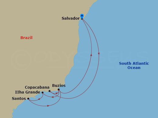 MSC Seaview - 8 Night - South America - MSC Seaview - Starting in Salvador, Brazil, Copacabana (Rio de Janeiro), Brazil, Buzios, Brazil, Ilha Grande, Brazil, Santos (Sao Pa.. itinerary map
