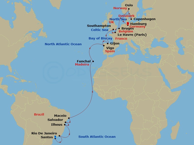 MSC Preziosa - 24 Night - Msc Grand Voyages - MSC Preziosa - Starting in Santos (Sao Paulo), Brazil, Rio De Janeiro, Brazil, Ilheus, Brazil, Salvador, Brazil, Maceio, Brazil.. itinerary map