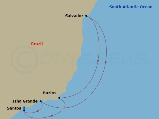 MSC Preziosa - 6 Night - South America - MSC Preziosa - Starting in Santos (Sao Paulo), Brazil, Ilha Grande, Brazil, Salvador, Brazil, Buzios, Brazil, Santos (Sao Paulo), Br.. itinerary map