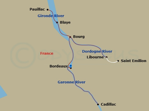 Viking Forseti - 7 Night - Chateaux, Rivers & Wine - Viking Forseti - Starting in Bordeaux, Scenic Sailing Dordogne River, Libourne, Saint-Emilion, Bourg, Blaye, Pauillac, Bor.. itinerary map