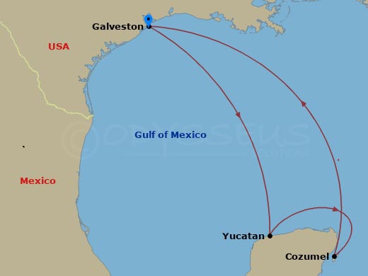 Carnival Miracle - 5 Night - Western Caribbean - Carnival Miracle - Starting in Galveston, Tx, Progreso, Yucatan, Mexico, Cozumel, Mexico, Galveston, Tx itinerary map