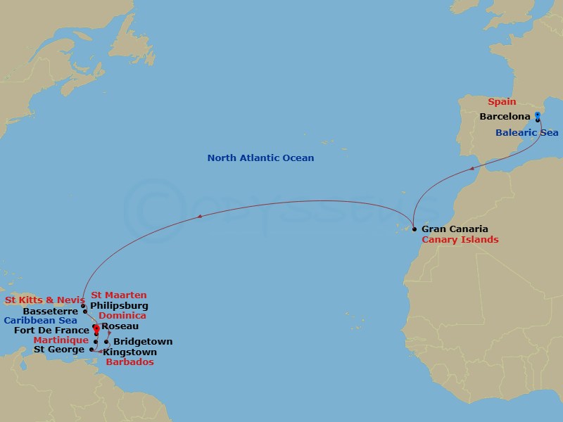 MSC Seaview - 17 Night - Msc Grand Voyages - MSC Seaview - Starting in Barcelona, Spain, Las Palmas de Gran Canaria (Canary Islands), Spain, Philipsburg, St Maarten, Basset.. itinerary map