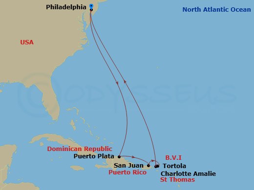NCL Norwegian Prima - 7 Night - Southern Caribbean - San Juan - NCL Norwegian Prima - Starting in San Juan, Pr, Tortola, British Virgin Islands, Basseterre, Saint Kitts / Nevis, Br.. itinerary map