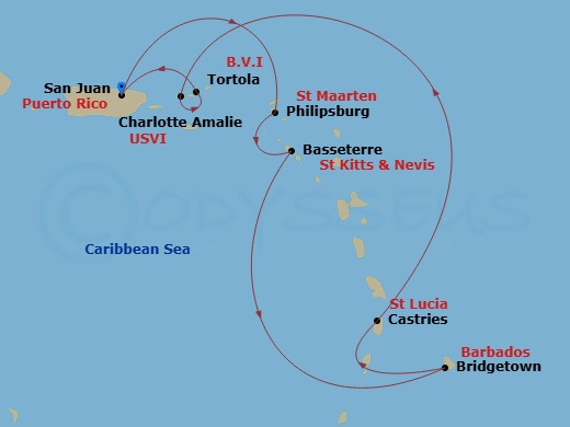 NCL Norwegian Prima - 7 Night - Southern Caribbean - San Juan - NCL Norwegian Prima - Starting in San Juan, Pr, Philipsburg, St Maarten, Netherland Antilles, Basseterre, Saint Kitt.. itinerary map