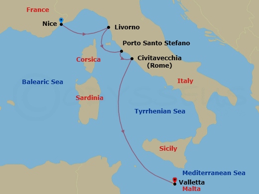 6 Night - Nice to Valletta - Silver Shadow - Starting in Nice, Livorno (Tuscany), Porto Santo Stefano, Civitavecchia (Rome), Valletta itinerary map