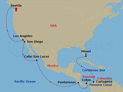 MSC Poesia - 18 Night - Msc Grand Voyages - MSC Poesia - Starting in Miami, Florida, Cartagena CO, Colon, Panama, Cruising Panama Canal, Puntarenas (San Jose), Costa Rica,.. itinerary map