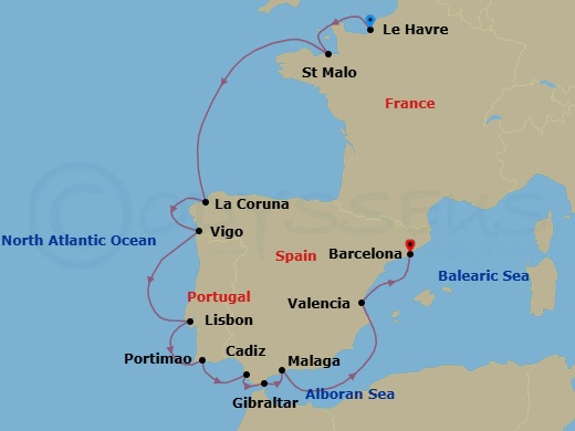 12 Night - Iberian Indulgence - Seven Seas Navigator - Starting in Paris (Le Havre), Saint-malo, Cruising the Atlantic Ocean, La Coruna, Vigo, Lisbon, Portimao, Cadiz, Gibraltar, Malaga, Cruising the Mediterranean Sea, Valencia, Barcelona itinerary map