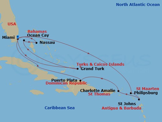 MSC Meraviglia - 14 Night - Caribbean and Antilles - MSC Meraviglia - Starting in Miami, Florida, Grand Turk Island Turks and Caicos, Ocean Cay Msc Marine Reserve, Bahamas, Na.. itinerary map
