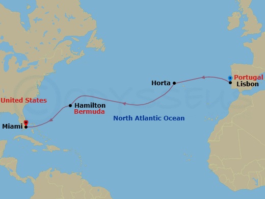 11 Night - Heaven Across the Seas - Seven Seas Mariner - Starting in Lisbon, Cruising the Atlantic Ocean, Horta (Azores), Cruising the Atlantic Ocean, Hamilton, Cruising the Atlantic Ocean, Miami itinerary map