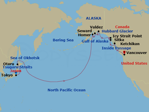 21 Night - North Pacific Passage - Viking Orion - Starting in Tokyo, Scenic Sailing : Tsugaro Strait, Sapporo (Otaru), Sail the Okhotsk Sea, Sail the North Pacific Ocean, Crossing International Dateline / East, Sail the Bering Sea, Scenic Sailing : Gulf of Alaska, Homer, Seward, Alaska, Valdez, Alaska, Scenic Sailing : Hubbard Glacier, Icy Strait Point, Alaska, Sitka, Alaska, Ketchikan, Alaska, Scenic Sailing : the Inside Passage, Vancouver, British Columbia itinerary map