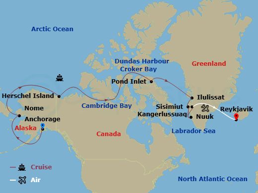 Seabourn Venture Cruise Tours - 24 Night - Journey Across the Northwest P - Tour R58 - Seabourn Venture Cruise Tours - Starting in Anchorage, Alaska, Nome, Alaska, Herschel Island, Yukon, Ca.. itinerary map