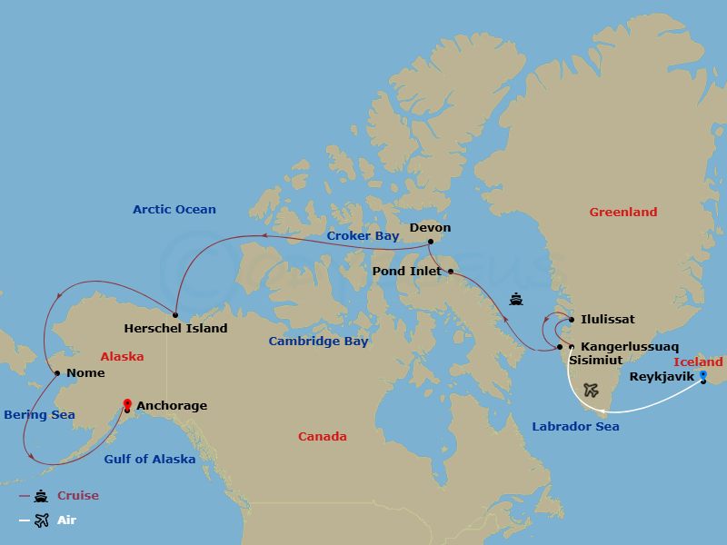 Seabourn Venture Cruise Tours - 24 Night - Journey Across the Northwest P - Tour R21 - Seabourn Venture Cruise Tours - Starting in Reykjavik, Iceland, Kangerlussuaq, Greenland, Ilulissat (Ja.. itinerary map