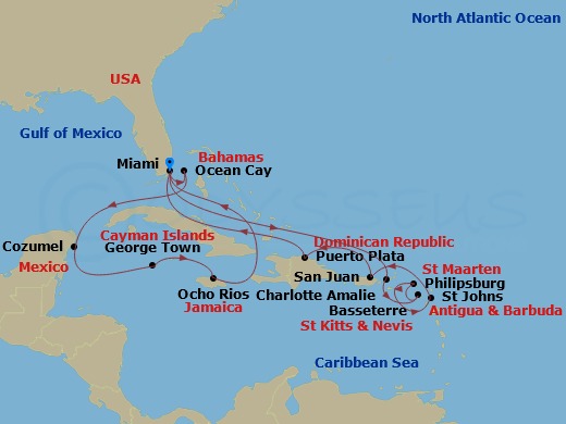 MSC Divina - 17 Night - Caribbean and Antilles - MSC Divina - Starting in Miami, Florida, Charlotte Amalie (St Thomas) Virgin Islands, Basseterre, St Kitts and Nevis, Phil.. itinerary map