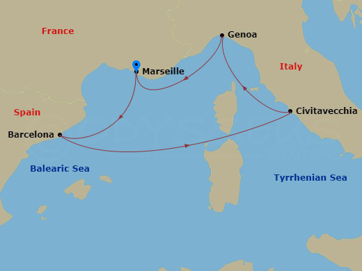 Costa Toscana - 5 Night - Western Mediterranean from Marseille - Costa Toscana - Starting in Marseille, Barcelona, Civitavecchia, Genoa, Marseille itinerary map