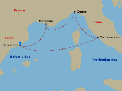 Costa Toscana - 5 Night - Western Mediterranean from Barcelona - Costa Toscana - Starting in Barcelona, Civitavecchia, Genoa, Marseille, Barcelona itinerary map