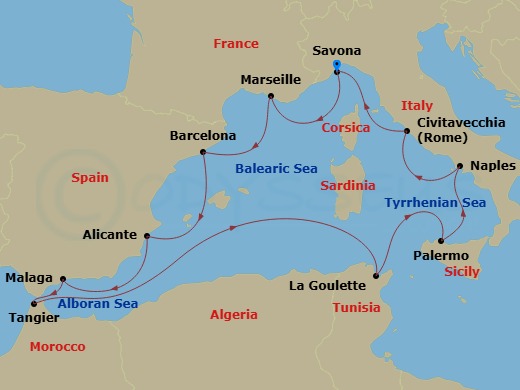 Costa Toscana - 12 Night - Western Mediterranean from Savona - Costa Toscana - Starting in Savona, Marseille, Barcelona, Alicante, Malaga, Tangier, La Goulette, Palermo, Napo.. itinerary map