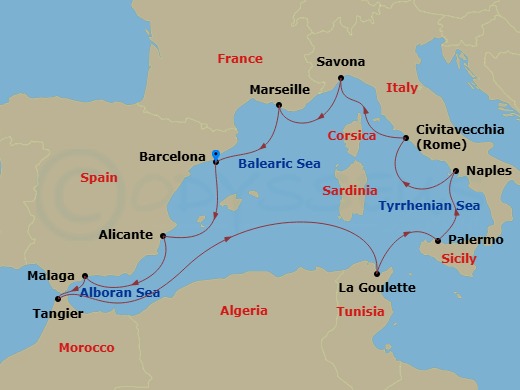 Costa Toscana - 12 Night - Western Mediterranean from Barcelona - Costa Toscana - Starting in Barcelona, Alicante, Malaga, Tangier, La Goulette, Palermo, Napoli, Civitavecchi.. itinerary map
