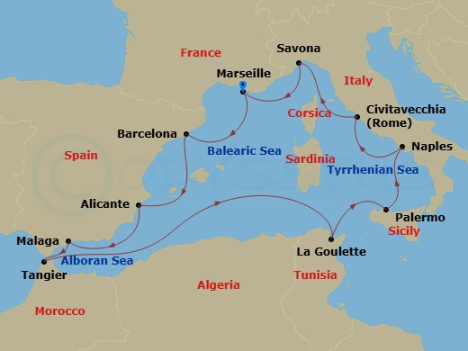 Costa Toscana - 12 Night - Western Mediterranean from Marseille - Costa Toscana - Starting in Marseille, Barcelona, Alicante, Malaga, Tangier, La Goulette, Palermo, Napoli, C.. itinerary map