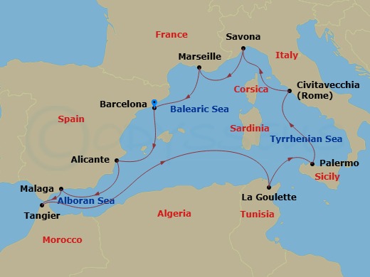 Costa Toscana - 11 Night - Western Mediterranean from Barcelona - Costa Toscana - Starting in Barcelona, Alicante, Malaga, Tangier, La Goulette, Palermo, Civitavecchia, Savon.. itinerary map