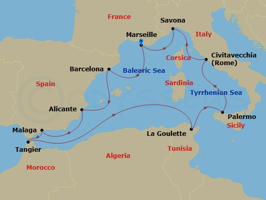 Costa Toscana - 11 Night - Western Mediterranean from Marseille - Costa Toscana - Starting in Marseille, Barcelona, Alicante, Malaga, Tangier, La Goulette, Palermo, Civitavec.. itinerary map