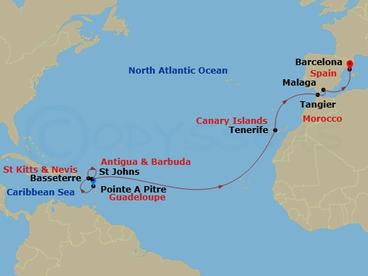 Costa Favolosa - 14 Night - Transatlantic from Pointe a Pitre - Costa Favolosa - Starting in Pointe-a-Pitre, Basseterre, St Johns AG, Antigua, Santa Cruz de Tenerife, Tangier,.. itinerary map