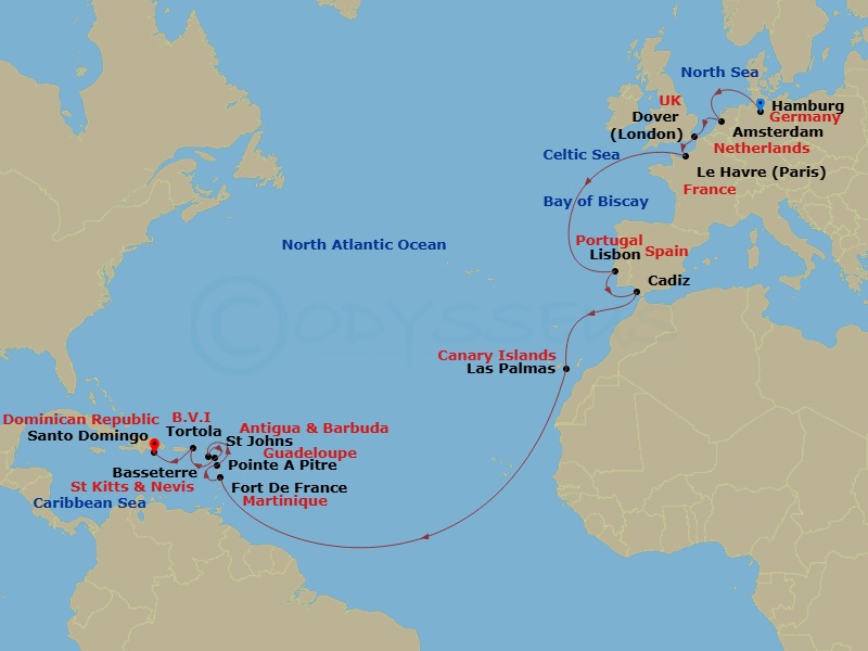 Costa Favolosa - 22 Night - Transatlantic from Hamburg - Costa Favolosa - Starting in Hamburg, Amsterdam / Ijmuiden, Netherlands, Dover UK, Le Havre, Lisbon, Cadice, Las Palma.. itinerary map