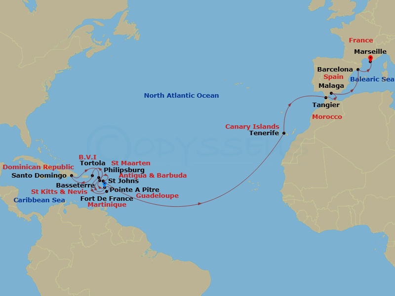 Costa Favolosa - 22 Night - Transatlantic from Pointe a Pitre - Costa Favolosa - Starting in Pointe-a-Pitre, Basseterre, Tortola (Road Harbour), Santo Domingo, St Maarten (Phi.. itinerary map