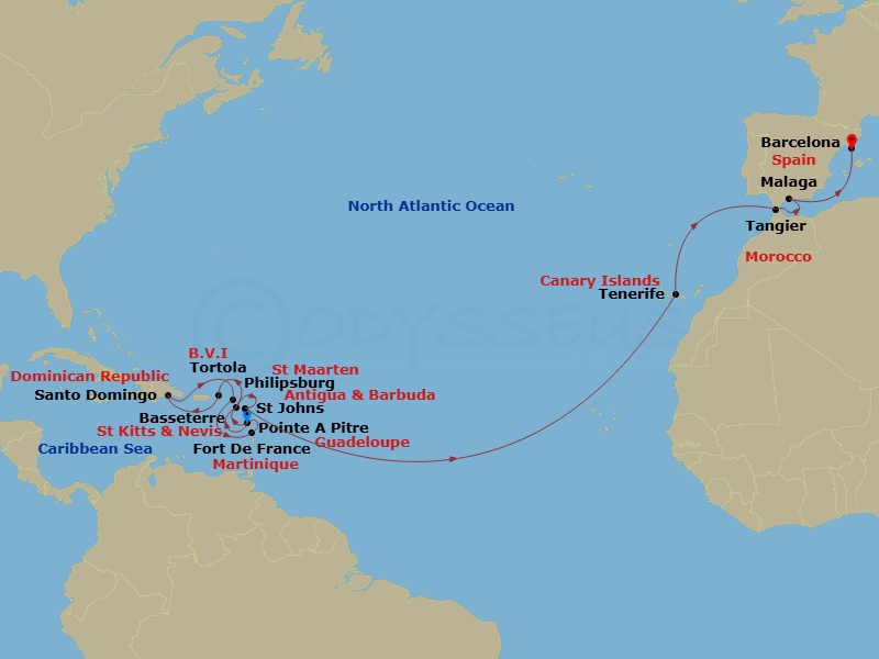 Costa Favolosa - 21 Night - Transatlantic from Pointe a Pitre - Costa Favolosa - Starting in Pointe-a-Pitre, Basseterre, Tortola (Road Harbour), Santo Domingo, St Maarten (Phi.. itinerary map
