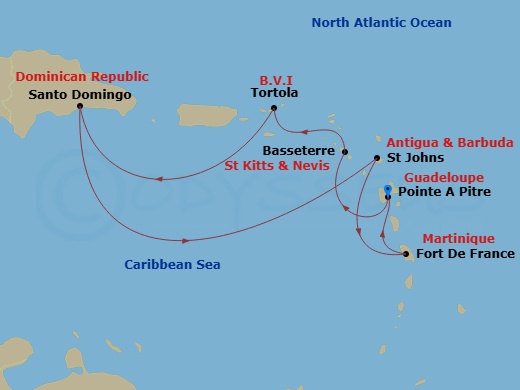 Costa Favolosa - 7 Night - Western Caribbean from Pointe a Pitre - Costa Favolosa - Starting in Pointe-a-Pitre, Basseterre, Tortola (Road Harbour), Santo Domingo, St Johns AG,.. itinerary map