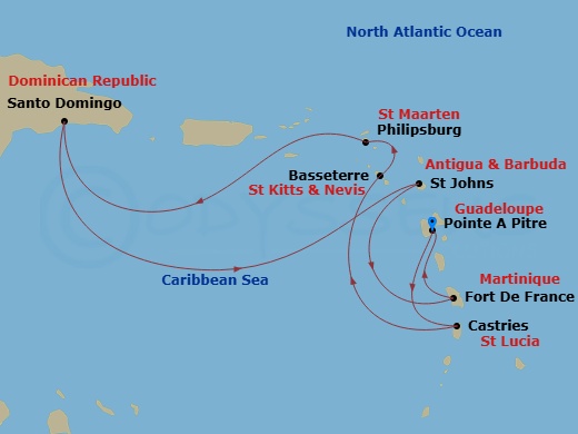 Costa Favolosa - 8 Night - Western Caribbean from Pointe a Pitre - Costa Favolosa - Starting in Pointe-a-Pitre, St Lucia Castries, Basseterre, St Maarten (Philipsburg), Santo.. itinerary map