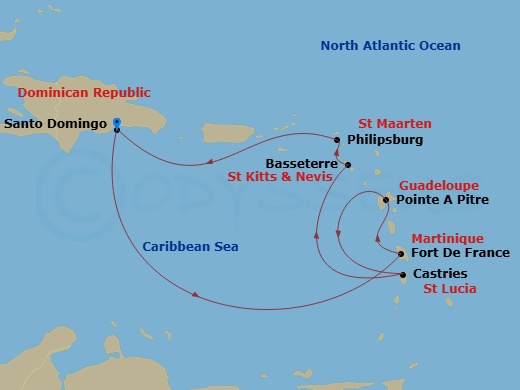 Costa Favolosa - 7 Night - Western Caribbean from Santo Domingo - Costa Favolosa - Starting in Santo Domingo, Fort-de-France, Pointe-a-Pitre, St Lucia Castries, Basseterre, St.. itinerary map