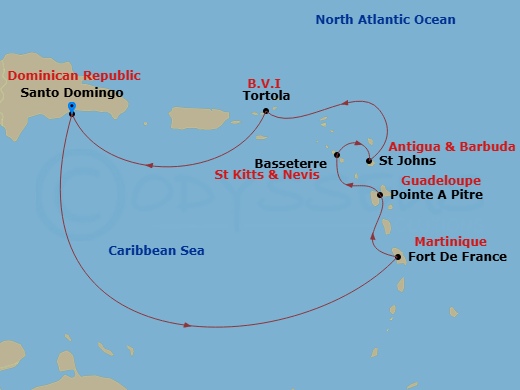 Costa Favolosa - 7 Night - Western Caribbean from Santo Domingo - Costa Favolosa - Starting in Santo Domingo, Fort-de-France, Pointe-a-Pitre, Basseterre, St Johns AG, Antigua,.. itinerary map